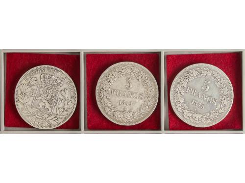 BÉLGICA. Lote 3 monedas 5 Francs. 1848, 1849 y 1865. AR. (Al