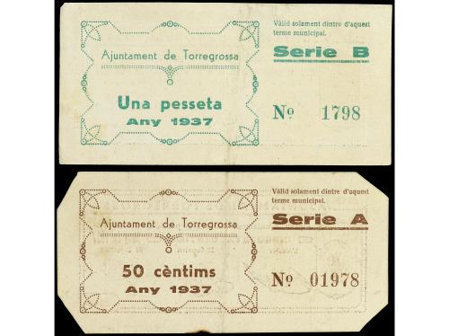 CATALUNYA. Lote 2 billetes 50 Cèntims y 1 Pesseta. Juny 1937