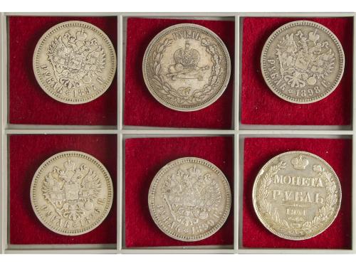 RUSIA. Lote 6 monedas 1 Rouble. 1841, 1883, 1896, 1897, 1898