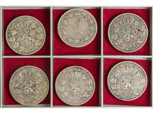 BÉLGICA. Lote 6 monedas 5 Francs. 1848 a 1873. LEOPOLD I y L