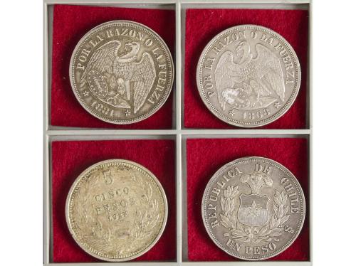 CHILE. Lote 4 monedas 1 Peso. 1868, 1881, 1882 y 1927. AR. A