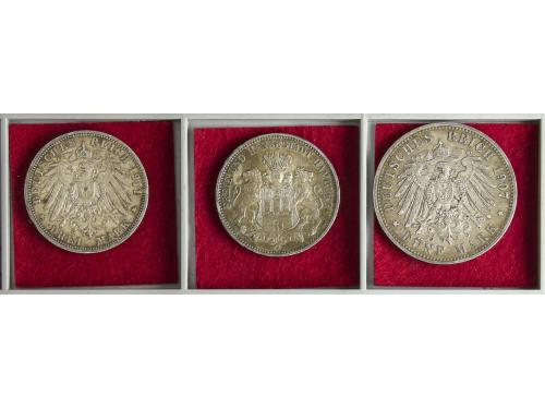 ESTADOS ALEMANES. Lote 3 monedas 3 (2), 5 Mark. 1907, 11, 12