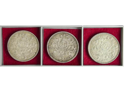 LETONIA. Lote 3 monedas 5 Lati. 1931. AR. KM-9. MBC+ a EBC-.