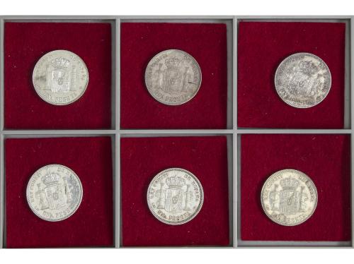 ALFONSO XIII. Lote 6 monedas 1 Peseta. 1896 a 1904. Todas di