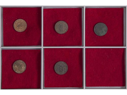 LOTES CENTENARIO. Lote 5 monedas 1 Céntimo. 1870 a 1913. GOB