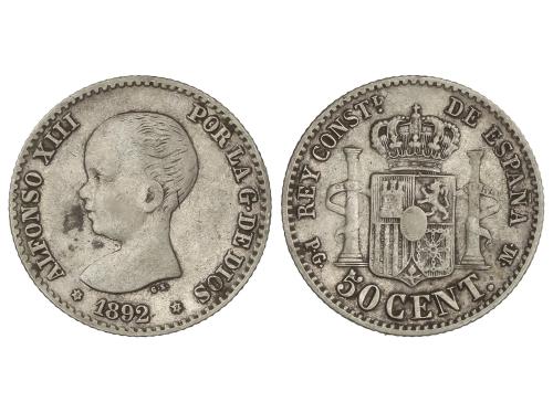 ALFONSO XIII. 50 Céntimos. 1892 (*8-2). P.G.-M. Pátina. AC-4
