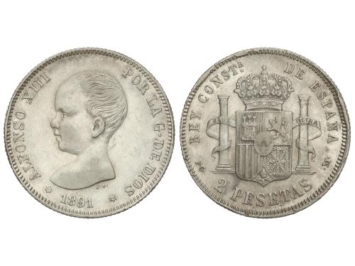 ALFONSO XIII. 2 Pesetas. 1891 (*18-91). P.G.-M. (Golpecitos 