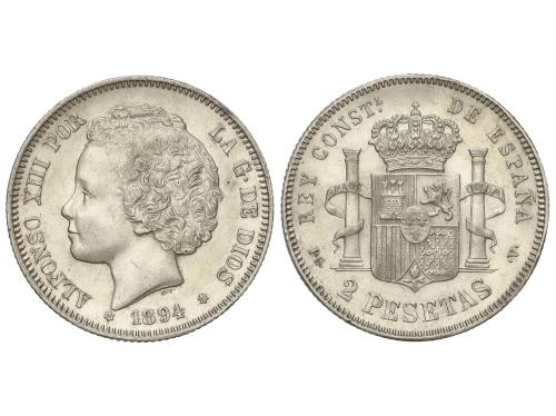 ALFONSO XIII. 2 Pesetas. 1894 (*18-94). P.G.-V. Restos de br