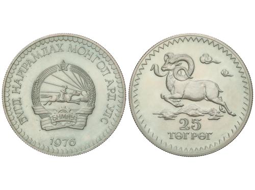 MONGOLIA. 25 Tugrik. 1976. Rev.: Carnero. 28,39 grs. AR. KM-