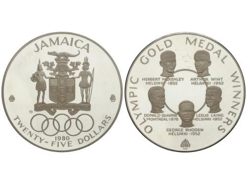 JAMAICA. 25 Dollars. 1980. 135,92 grs. AR (500). Olimpiada´ 