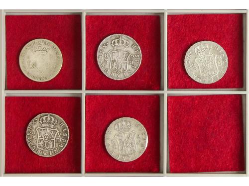 FERNANDO VII. Lote 5 monedas 2 (4) y 4 Reales. 1810 a 1831. 