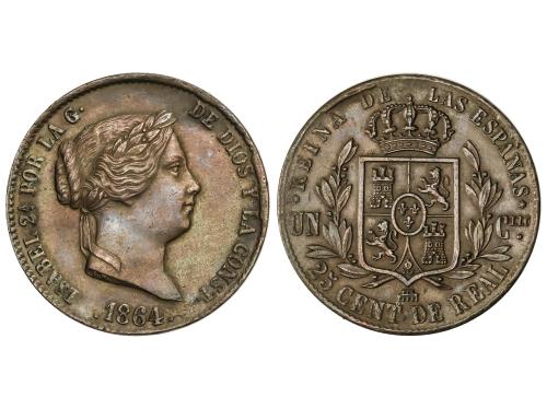 ISABEL II. 25 Céntimos de Real. 1864. SEGOVIA. 9,25 grs. Pát