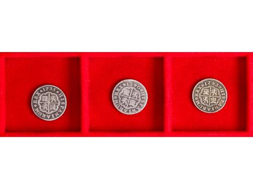 FELIPE V. Lote 3 monedas 1 Real. 1735, 1740 y 1743. MADRID. 