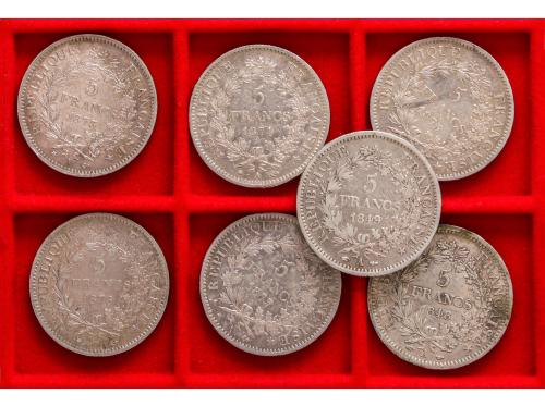 FRANCIA. Lote 7 monedas 5 Francs. 1848 a 1877. PARIS. AR. Gr