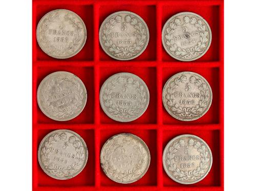 FRANCIA. Lote 9 monedas 5 Francs. 1833 a 1837. LOUIS PHILIPP