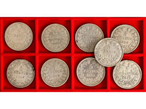 FRANCIA. Lote 9 monedas 5 Francs. 1837 a 1845. LOUIS PHILIPP