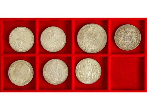 ESTADOS ALEMANES. Lote 7 monedas 3 y 5 Mark. 1908 a 1913. HA