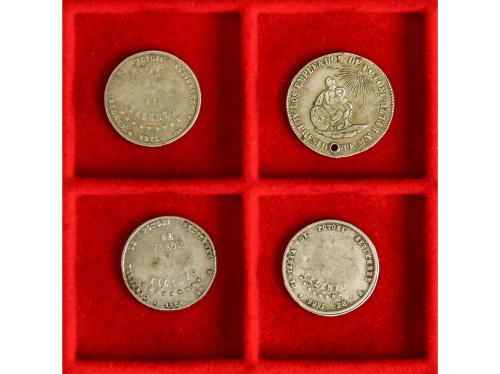 BOLIVIA. Lote 3 monedas 1/4 Melgarejo y 1 medalla. 1852 y 18
