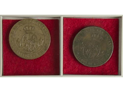 ISABEL II. Lote 2 monedas 5 Céntimos de Escudo. 1867 y 1868.