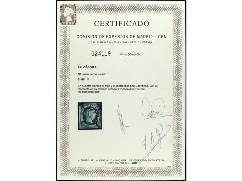 ° ESPAÑA. Ed. 11. 10 reales verde. Cert. CEM. PRECIOSO. MUY 
