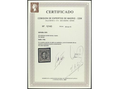 ** ESPAÑA. Ed. 176s. 20 cts. verde bronce SIN DENTAR. Cert. 