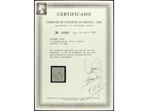 * ESPAÑA. Ed. 186. 1 pta. gris. Muy bien centrado. Cert. CEM