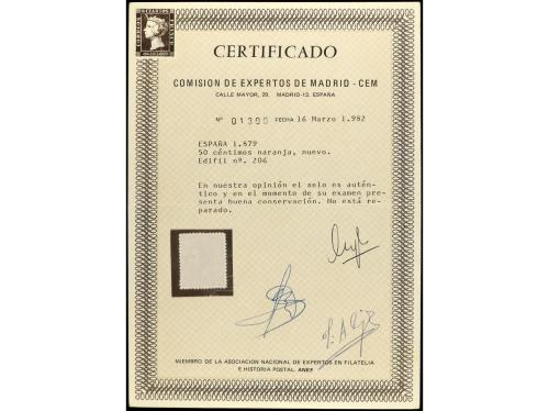 * ESPAÑA. Ed. 206. 50 cts. naranja. Cert. CEM. Muy raro en e