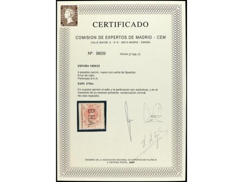 * ESPAÑA. Ed. 279ec. 4 pts. carmín. ERROR DE COLOR con PERFO