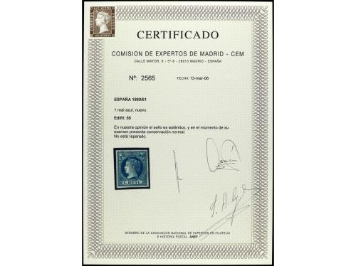 * ESPAÑA. Ed. 55. 1 real azul. Precioso sello por su color y