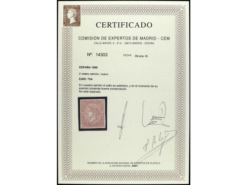 * ESPAÑA. Ed. 73A. 2 reales salmón. Cert. CEM. PRECIOSO. RAR