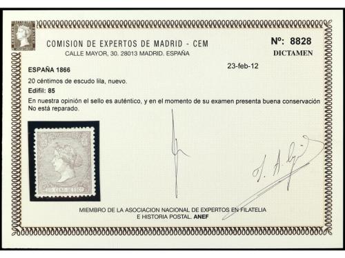 * ESPAÑA. Ed. 85. 20 cts. lila. Muy bien centrado. Dictamen 