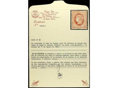 * ESPAÑA. Ed. 86. 20 cts. lila. Centrado muy superior al hab