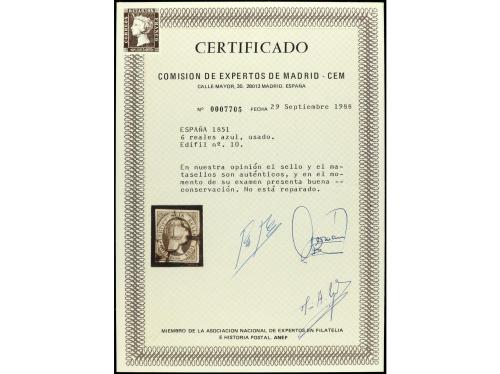 ° ESPAÑA. Ed. 10. 6 reales azul. Grandes márgenes y matasell