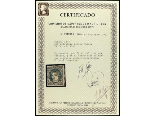 * ESPAÑA. Ed. 110. 400 mils. verde. Cert. CEM. BONITO. RARO.