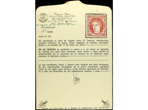 * ESPAÑA. Ed. 113. 12 cuartos castaño rojizo. Cert. GRAUS y 