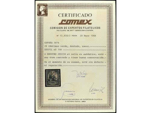 * ESPAÑA. Ed. 146. 20 cts. verde. Muy bien centrado. Cert. C