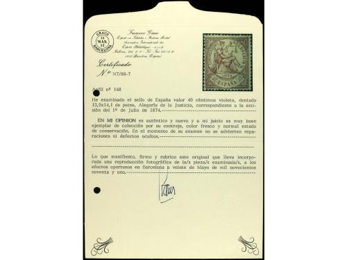 * ESPAÑA. Ed. 148. 40 cts. violeta. Cert. GRAUS. PRECIOSO. R