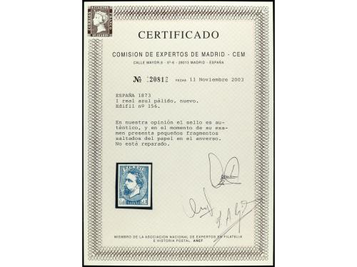 * ESPAÑA. Ed. 156. 1 real azul. Precioso sello por su color 