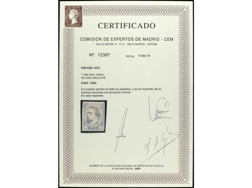 * ESPAÑA. Ed. 156A. 1 real azul pálido. Cert. CEM. PRECIOSO.