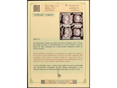 ° ESPAÑA. Ed. 2(4). 12 cuartos lila en bloque de 4 con ARAÑA