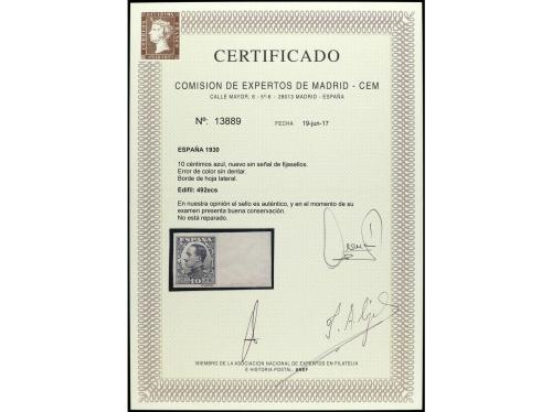 ** ESPAÑA. Ed. 492ecs. 10 cts. azul SIN DENTAR. ERROR DE COL