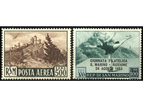 ** SAN MARINO. Yv. Av.86. 500 L. verde oscuro y castaño. Ade