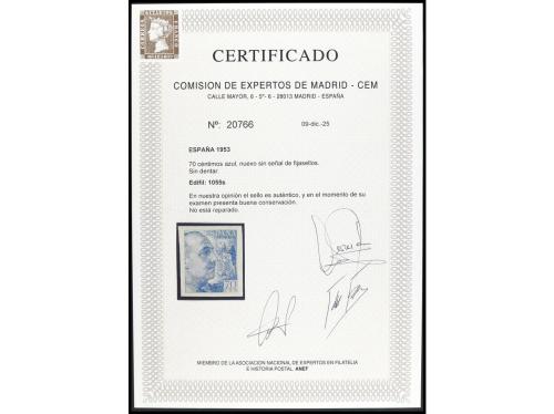 ** ESPAÑA. Ed. 1055s. 70 cts. azul SIN DENTAR. Precioso erro