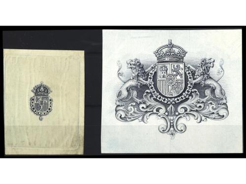 ESPAÑA: FISCALES. 5 PRUEBAS de un escudo grabadas por Sánche