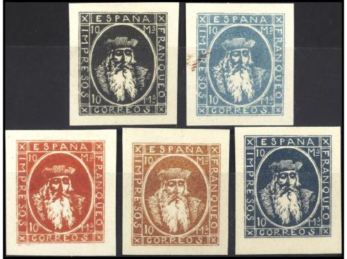 ESPAÑA. 5 PRUEBAS de 10 mils. con leyenda IMPRESOS ESPAÑA FR