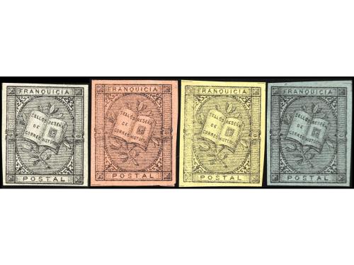 ESPAÑA: FRANQUICIAS POSTALES. 4 ENSAYOS DE COLOR en papeles 