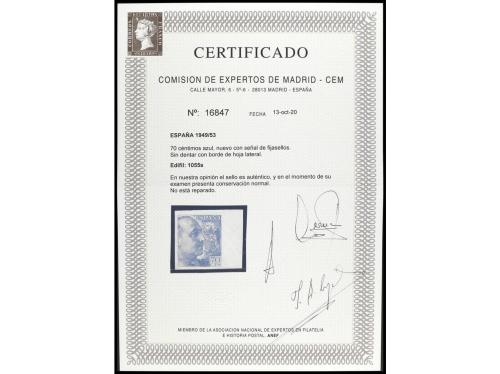 * ESPAÑA. Ed. 1055s. 70 cts. azul SIN DENTAR con borde later