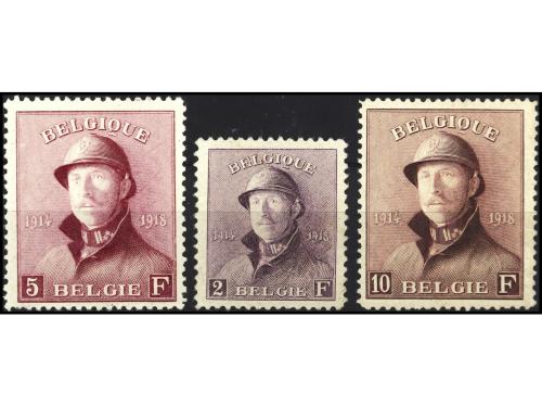 * BELGICA. Yv. 176/8. 2 f. lila, 5 f. carmín y 10 f. castaño