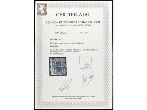 ** ESPAÑA. Ed. 801. 30 cts. azul. Cert. CEM. BONITO. MUY RAR