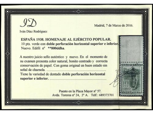 ** ESPAÑA. Ed. 800ddha. 10 pts. verde con DOBLE DENTADO HORI
